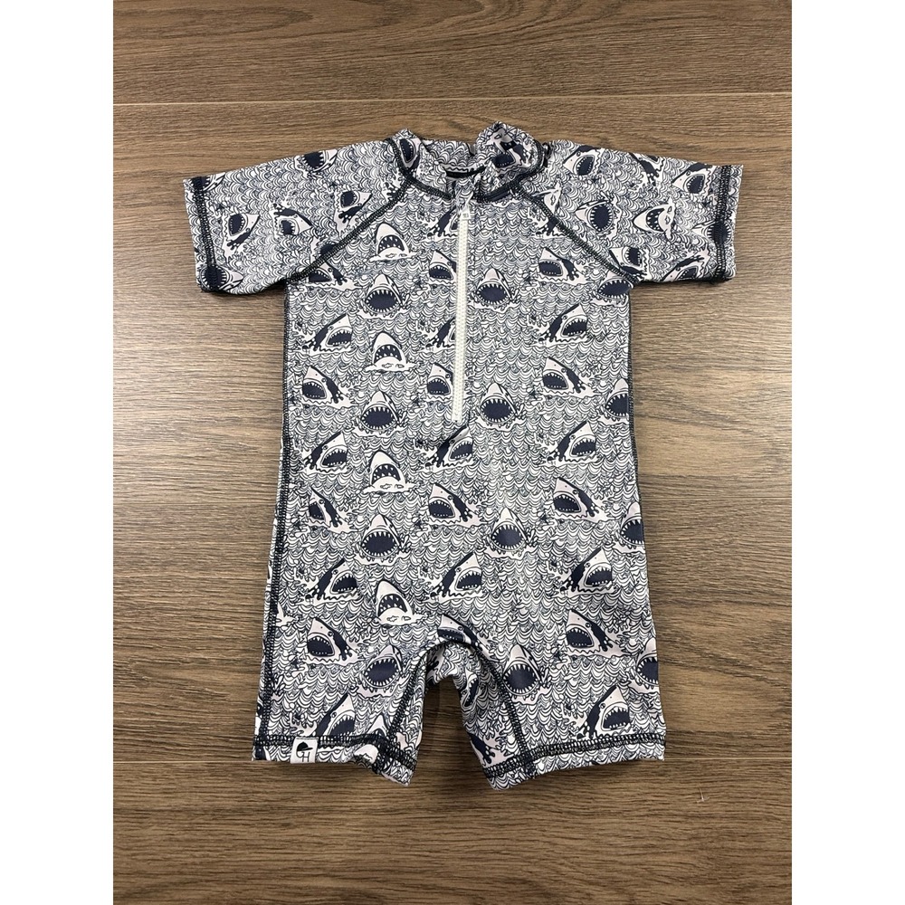 George Hats Kids Shark Print Rash Guard One Piece Swimsuit Navy White 3-4T USA